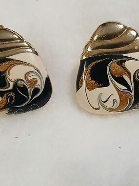 Elegant Black, Gold and Cream Swirl Statement Earrings
